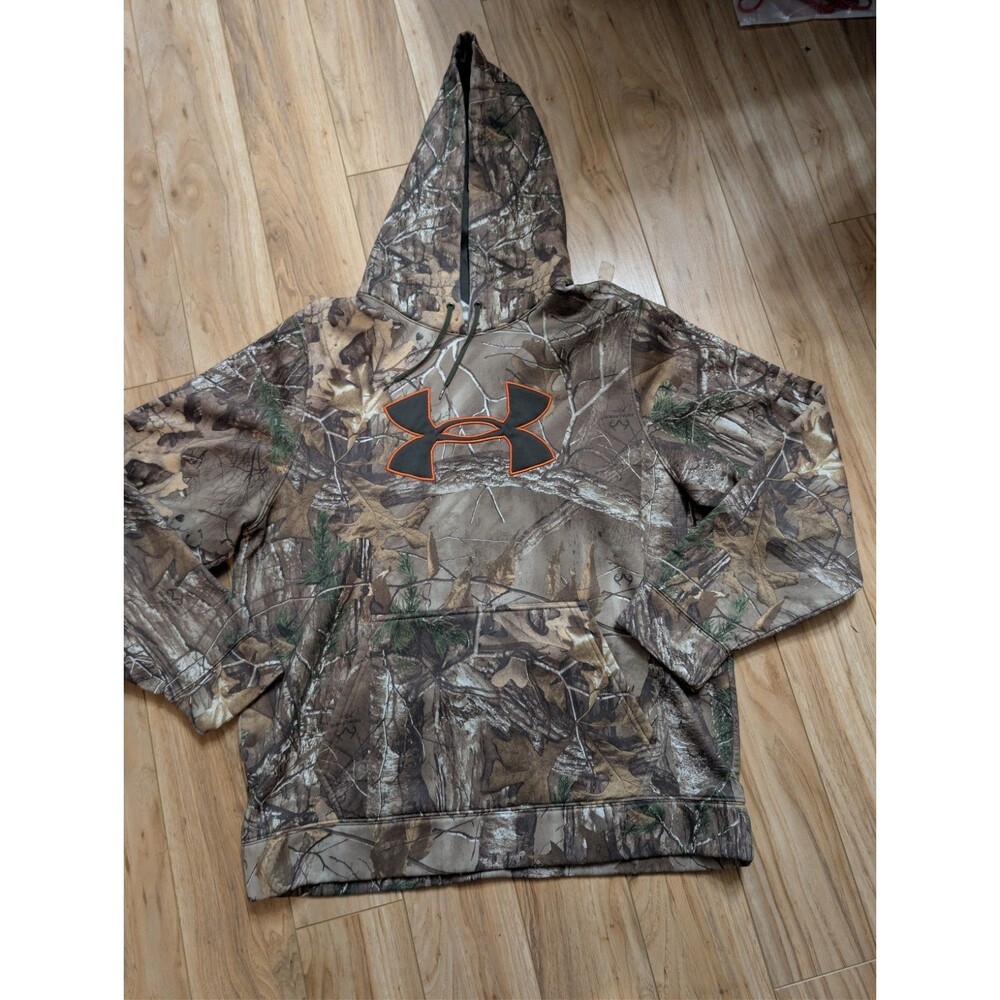 Under Armour Realtree Xtra Camo Hoodie Mens Large Orange Logo Loose Fit Hunting